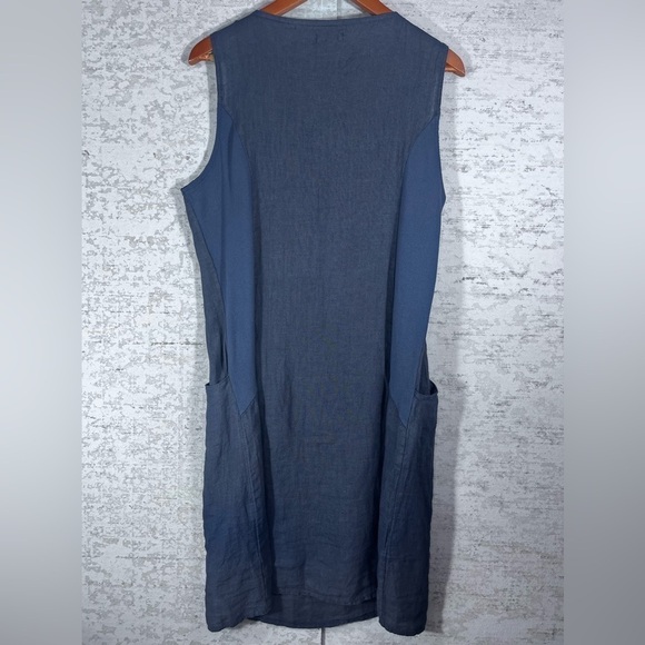 LINA TOMEI 100% Linen Blue Sleeveless Dress Beaded Neckline Side Pockets Size L - Picture 7 of 13